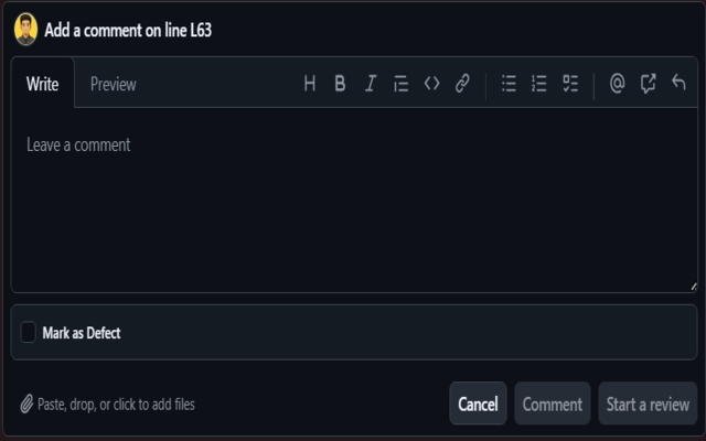 GitHub PR comment box with the collapsed 'Mark as Defect' checkbox added below the editor